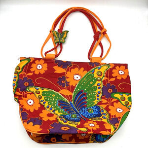 NEW Sun'N'Sand Red Orange Floral Print Sequin Butterfly Jumbo Beach Tote 19x14"
